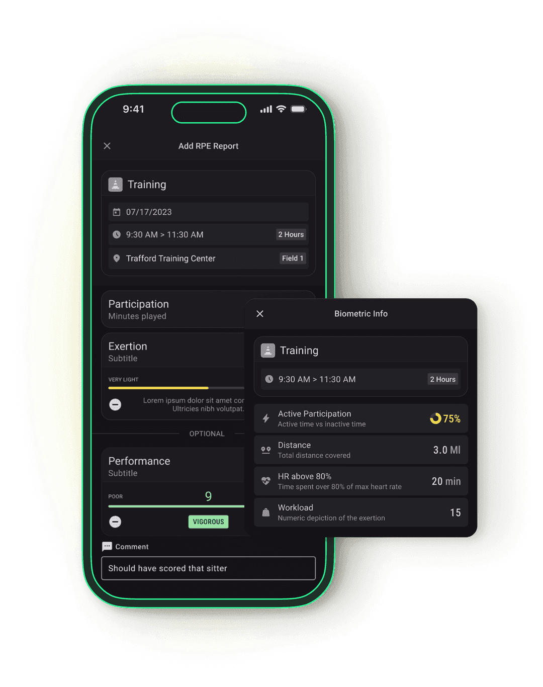 PlayerPulse RPE report capturing session exertion, participation, and workload after an event
