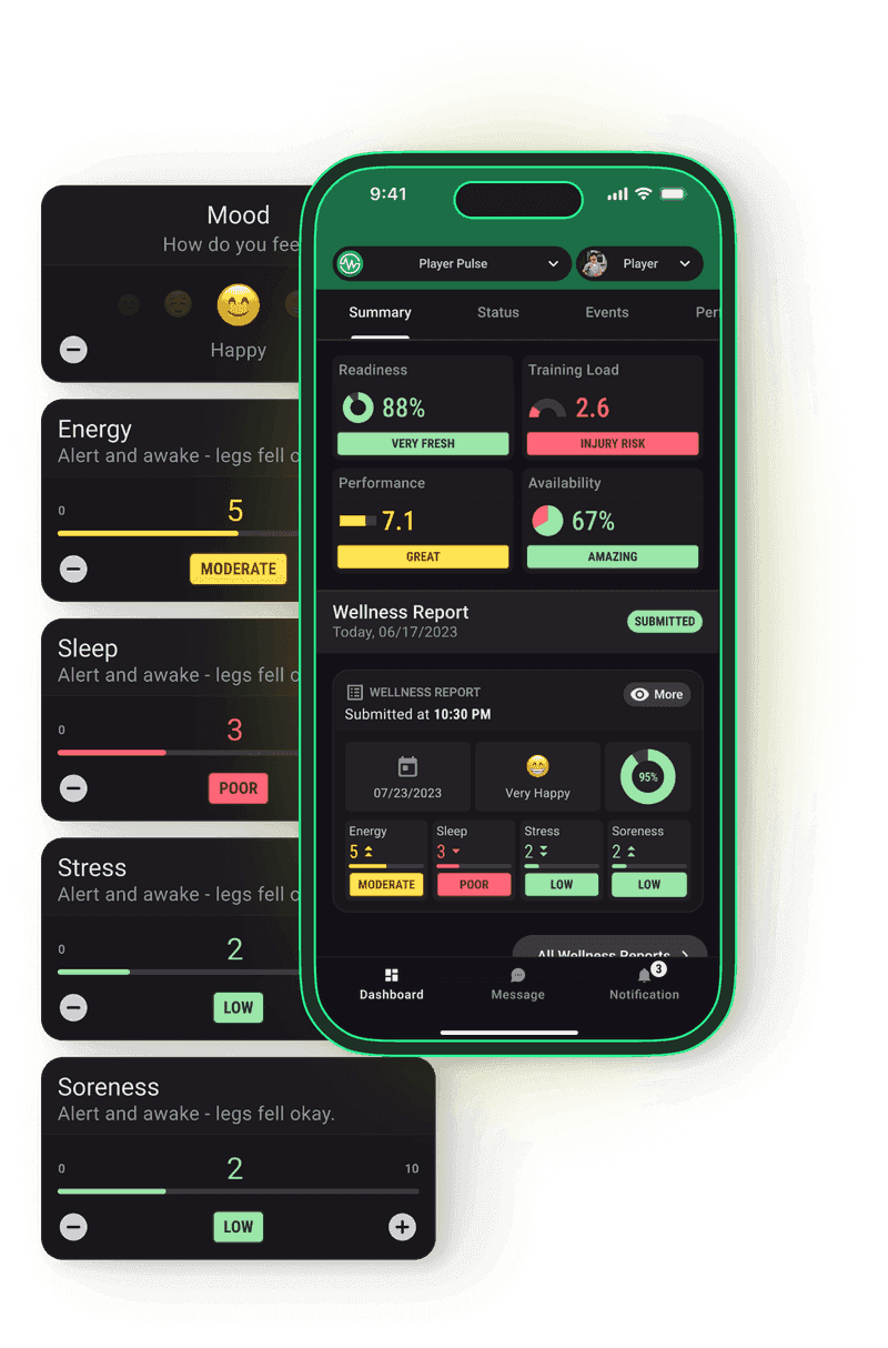 PlayerPulse daily wellness report with the readiness and training-load dashboard, which flags training load as an injury risk