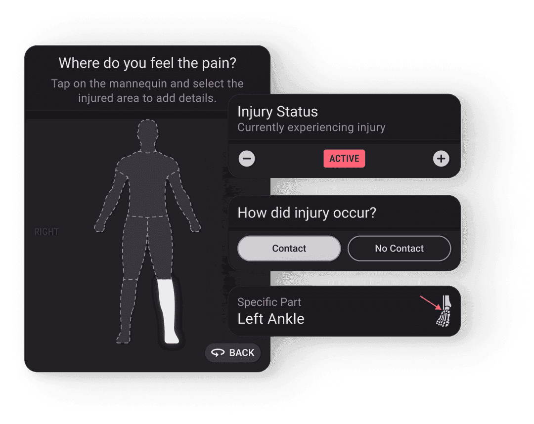 Where do you feel the pain body-map screen with injury status overlay